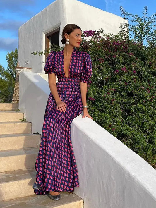 Formal attire Dresses: Deep V-neck Printed Loose Long Dress Women Short Puff Sleeve