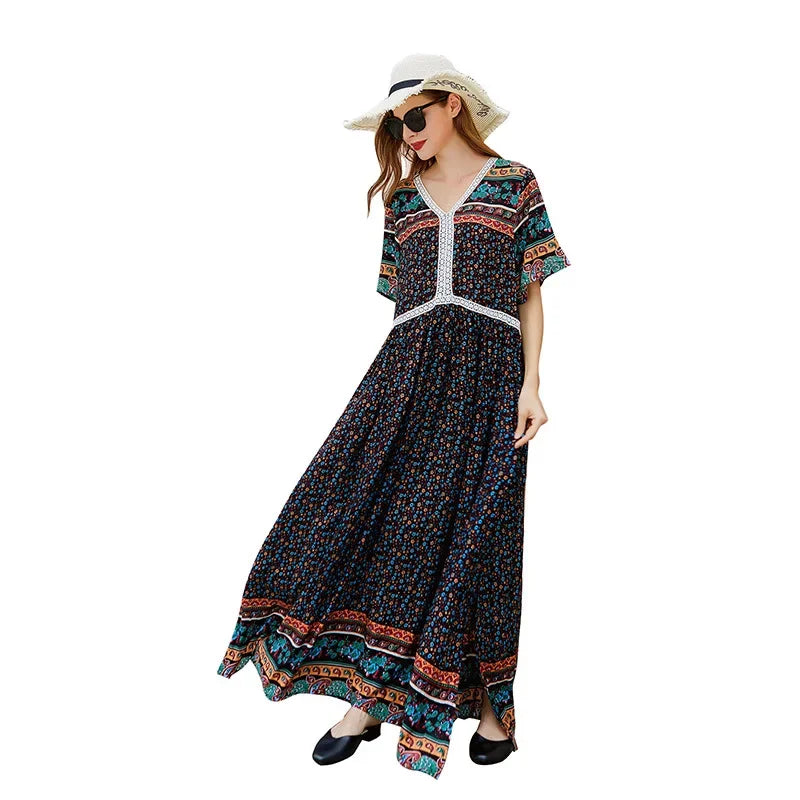 Bohemian vintage oversized dress Hainan Sanya vacation chubby mm beach skirt dress for women Plus Size Dresses