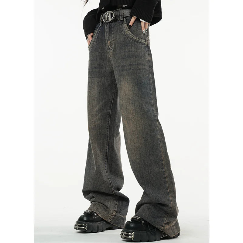 Winter Vintage Dark Blue High Waist Women Jeans American Fashion Streetwear