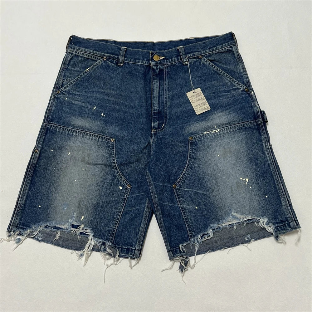 Black Nice Washed Damaged Saint DOUBLE KNEE Zipper Denim Shorts Men Women Oversized Shorts