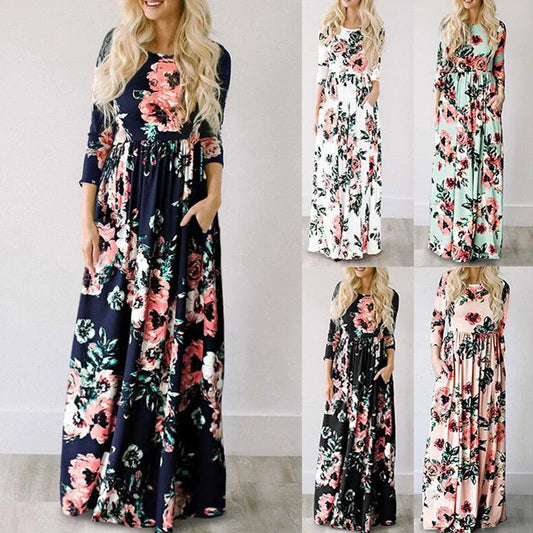 Pink Floral Print Boho Beach Dress Ladies Evening Party Long Dress Sundress