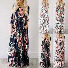 Pink Floral Print Boho Beach Dress Ladies Evening Party Long Dress Sundress