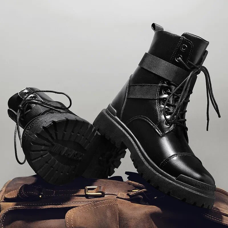 Black Men's Boots Chelsea Fashion Trend Tactical Platform Boots Leather Military Boot Men