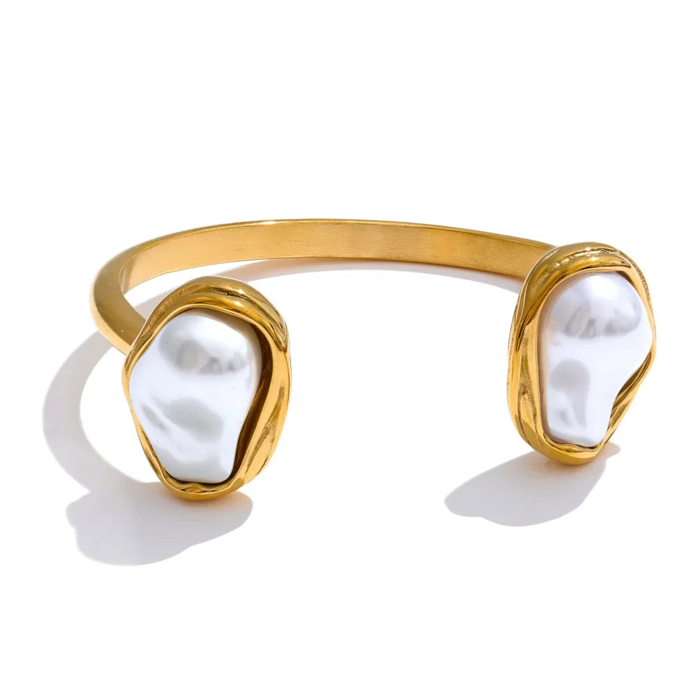 Yhpup 59mm Stainless Steel Baroque Simulated Pearls Cuff Bracelet Bangle Tarnish Resistant Gold Color Wrist Jewelry New