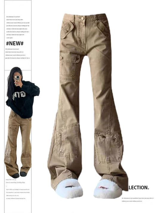 Women Khaki Flare Cargo Jeans Vintage Korean High Waist Cowboy Pants Harajuku Denim