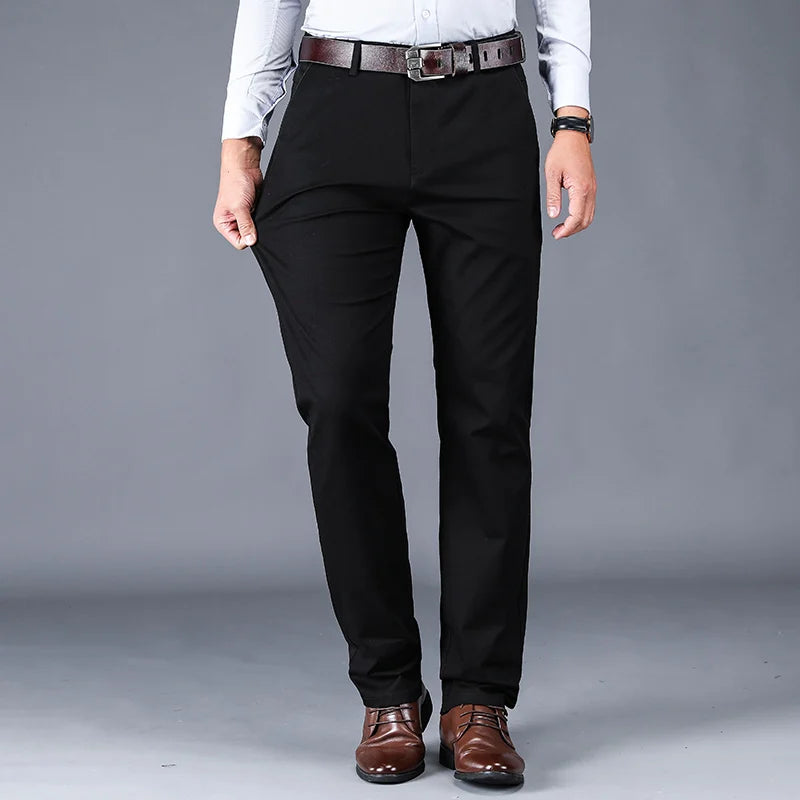 Cotton Casual Pants Men Classic Style Straight Loose High Waist Elastic Trousers