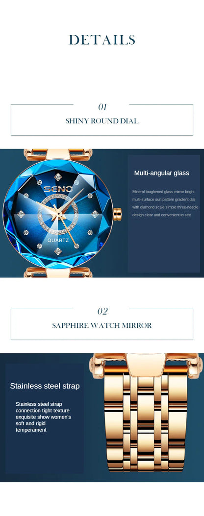 SENO Ocean Star Women Crystal Watch 2025 Top Brand Luxury Rose Gold Women Bracelet Watch For Ladies Wrist Watch Relogio Feminino