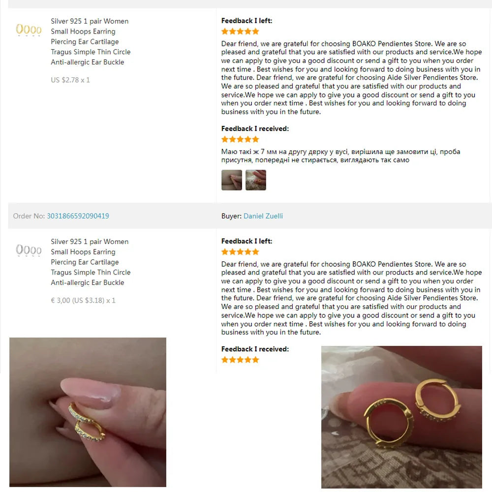 Silver 925 1 pair Women Small Hoops Earring Piercing Ear Cartilage Tragus Simple Thin Circle Anti-allergic Ear Buckle