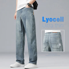 Lyocell Men's Jeans Drape Soft Fabric Loose Straight Casual Denim Pants