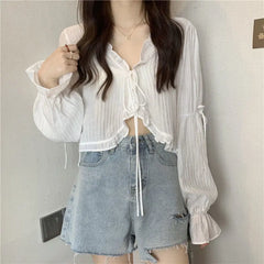 Sweet Ruffle Lace Up Cardigan Women Summer Long Sleeve Sunscreen Jacket