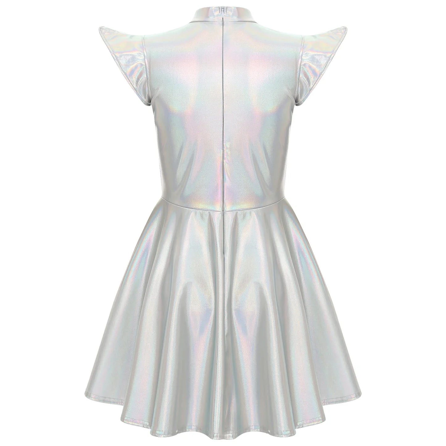 Womens Cocktail Dress Shiny Metallic Dress Alien Space Cap Sleeve High Waist A-line Dress for Halloween Party High Street Dress