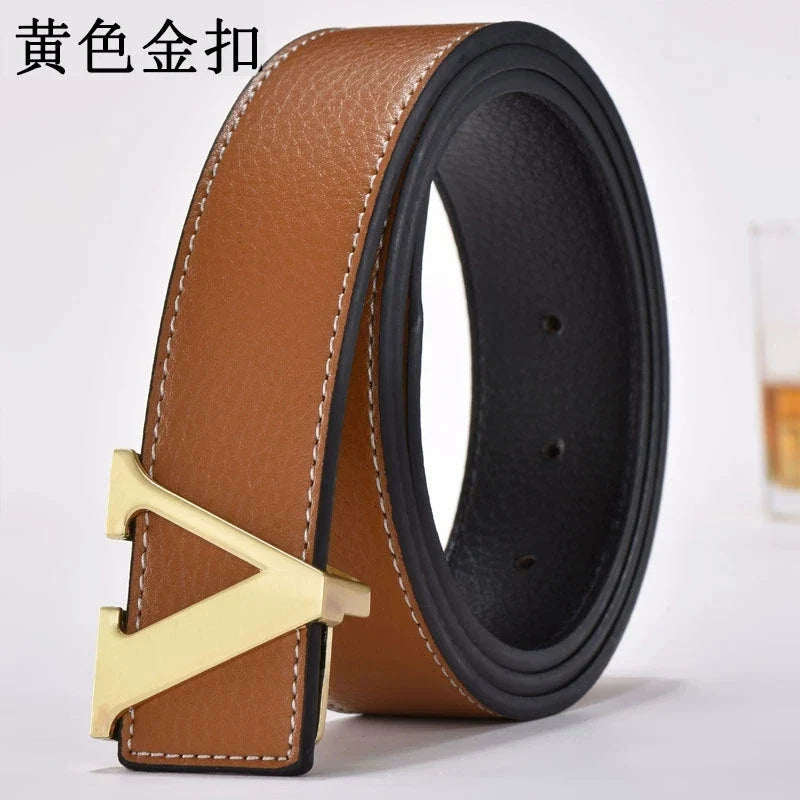 Men's high-end belt with smooth buckle; Korean style fashion trend letter V belt; men's belt
