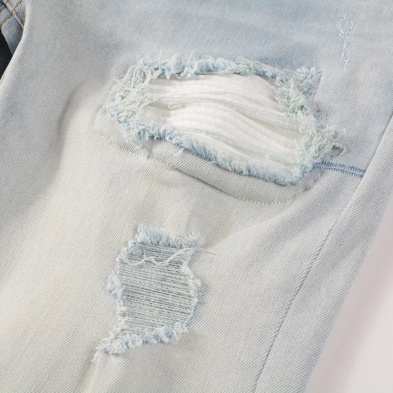Men Pale Light Blue Biker Jeans Cracked Pleated Patch Patchwork Stretch Denim Pants