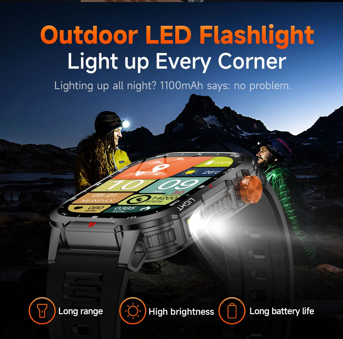 New Global Smartwatch 2.01 Inch 1100mAh Large Battery LED Light Compass Men Outdoor Sport Watch Voice Assistant Wireless Call