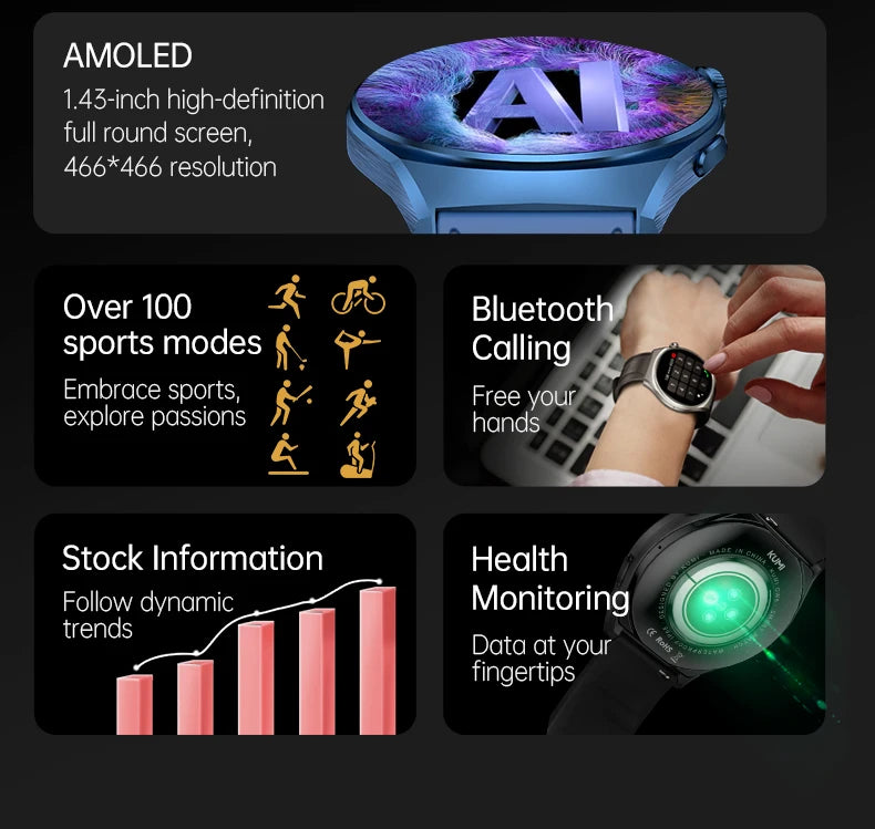 KUMI GW6 Smart Watch with ChatGPT AI Assistant, 1.43" AMOLED Display, Bluetooth Call, 100+ Faces, Fitness Tracker,  Waterproof