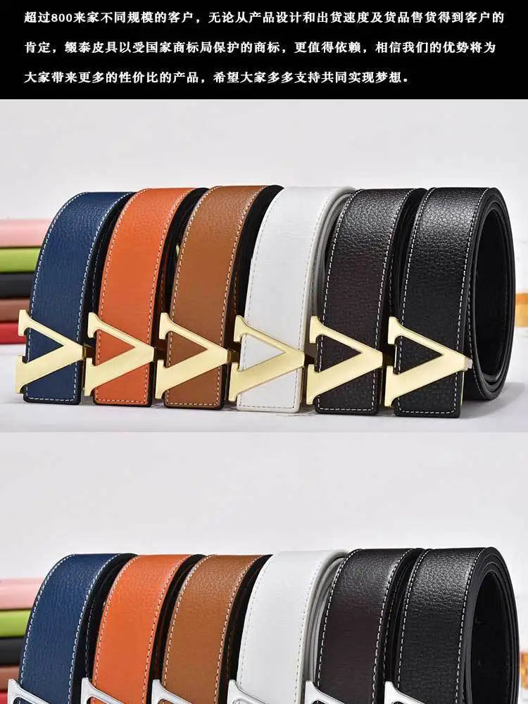 Men's high-end belt with smooth buckle; Korean style fashion trend letter V belt; men's belt