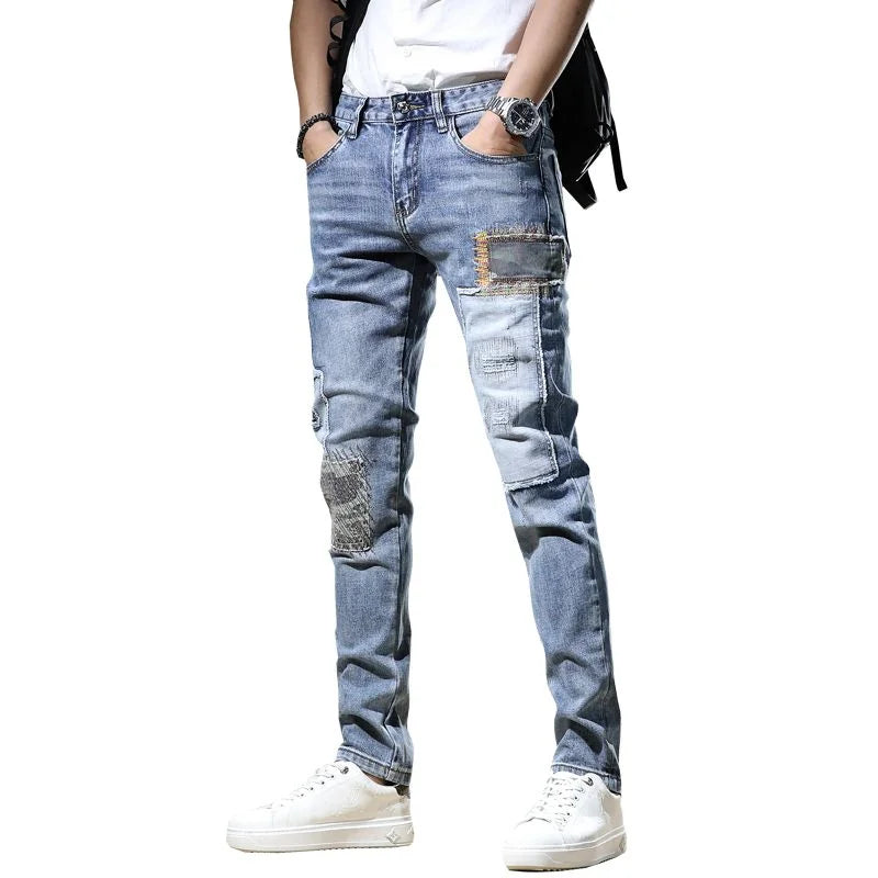 Ripped Jeans Pants Slim Straight Frayed Denim Clothes Men Fashion Skinny Trousers