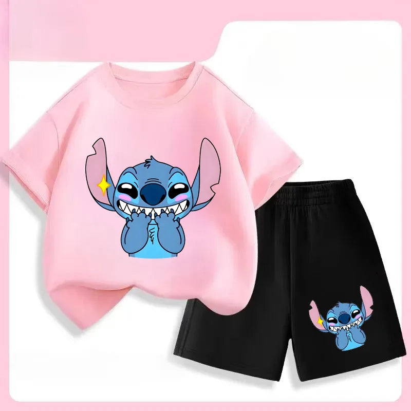 Summer Children's Casual Outfits Stitch Printed Boys Short Sleeved Top Sets Kids T Shirt Shorts Two Piece Suit Disney 2025