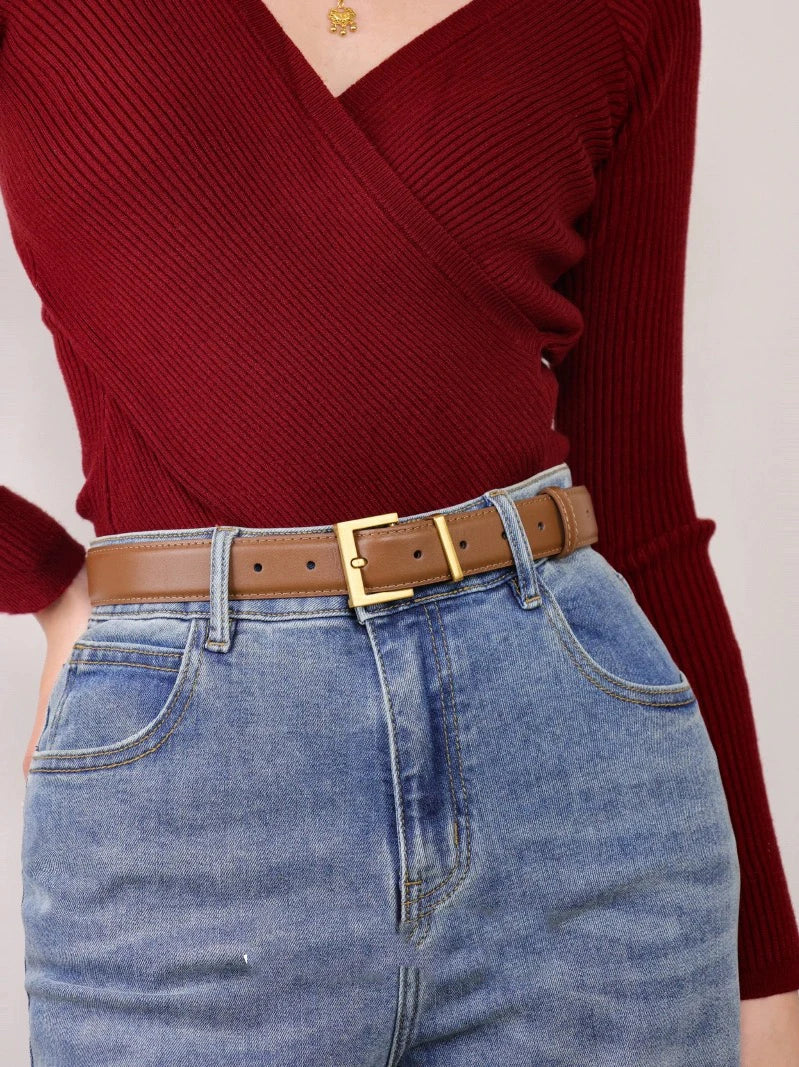 New Luxury Double Genuine Leather Belt for Women Jeans Casual Dress Square Alloy Buckle Ladies Trendy Belts Fashion Waistband