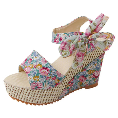 Heel Footwear Ladies Shoes Platform Floral Women's Lace-up Wedges Comfy Wedge Sandals For Women Dressy Sandals For Women