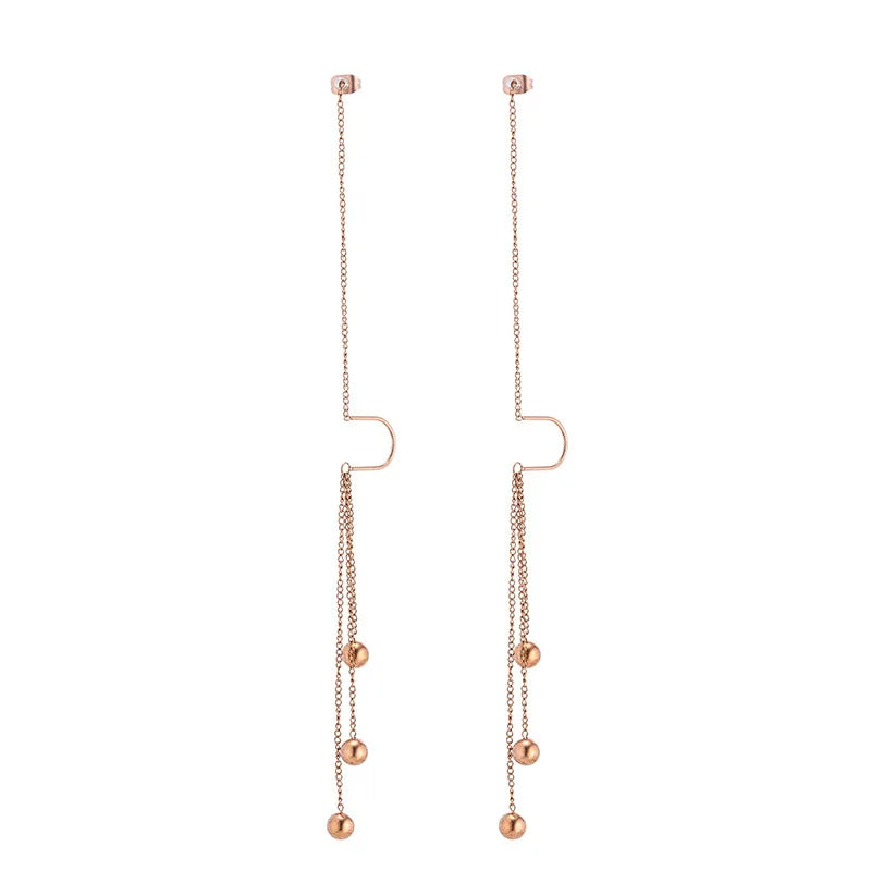 Charm Gold Color Stainless Steel Ball Long Drop Dangle Earrings for Women Exquisite Trendy Bride Ear Line Jewelry Gift Colorfast