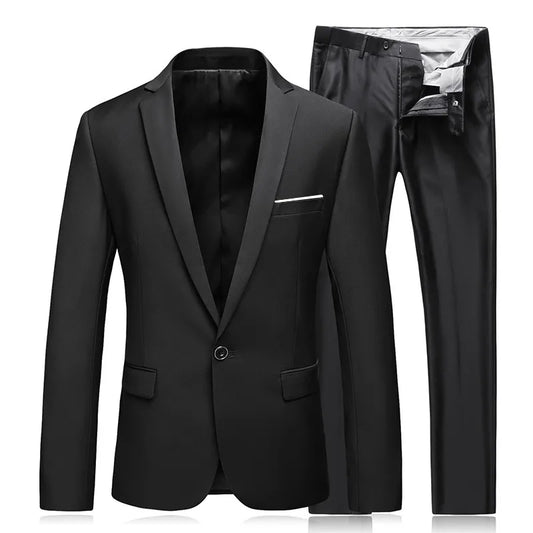 Men's Business Fashion High Quality Gentleman Black 2 Piece Suit Set