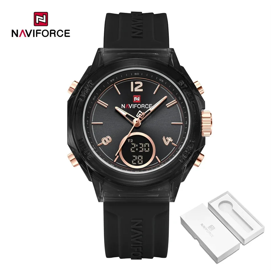 NAVIFORCE Luxury Women's Watch Gold Outdoor Sports Waterproof Watches Dual Time Display Quartz Wristwatches Rubber Digital Clock