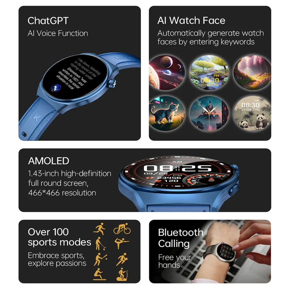 KUMI GW6 Smart Watch with ChatGPT AI Assistant, 1.43" AMOLED Display, Bluetooth Call, 100+ Faces, Fitness Tracker,  Waterproof