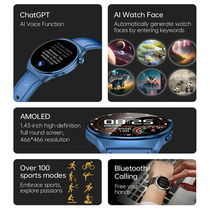 KUMI GW6 Smart Watch with ChatGPT AI Assistant, 1.43" AMOLED Display, Bluetooth Call, 100+ Faces, Fitness Tracker,  Waterproof