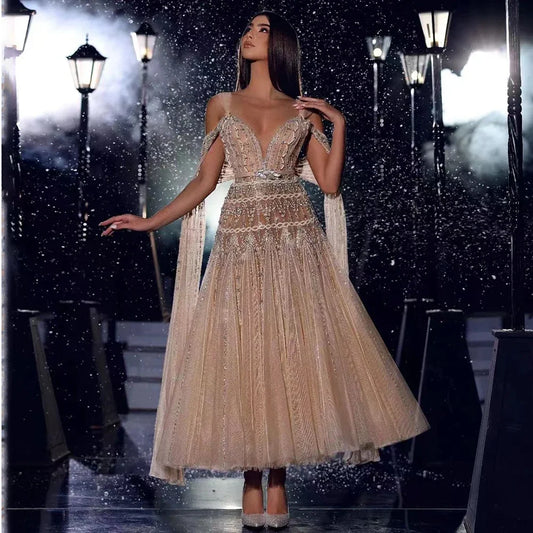 Homecoming Dresses: A-Line Midi Straps Cape Sleeves Beaded Evening Dresses Gowns