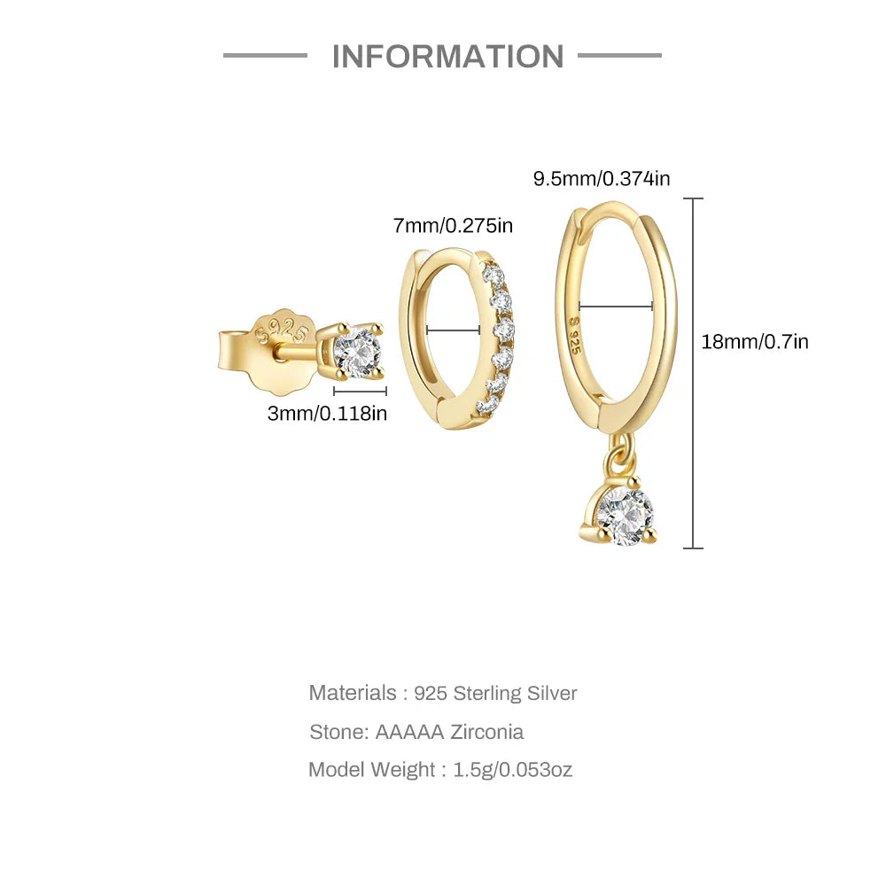 ROXI 925 Sterling Silver 3PCS DIY Hoop Earring With Piercing Stud Earring Set Women Men Party Wedding Jewelry Set pendientes 925