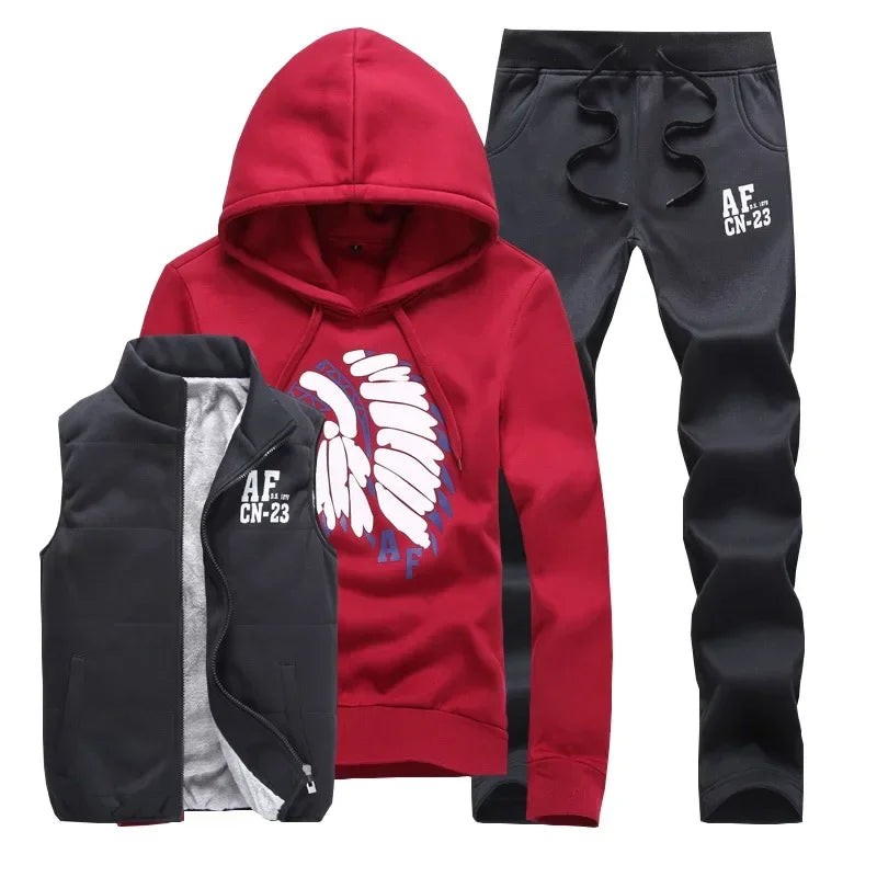 3 Pieces Set Hoodies+Vest+Pants Casual Track Suit Clothing Coats Winter Thick Warm Tracksuit for Couple Printed Mens Set Vest