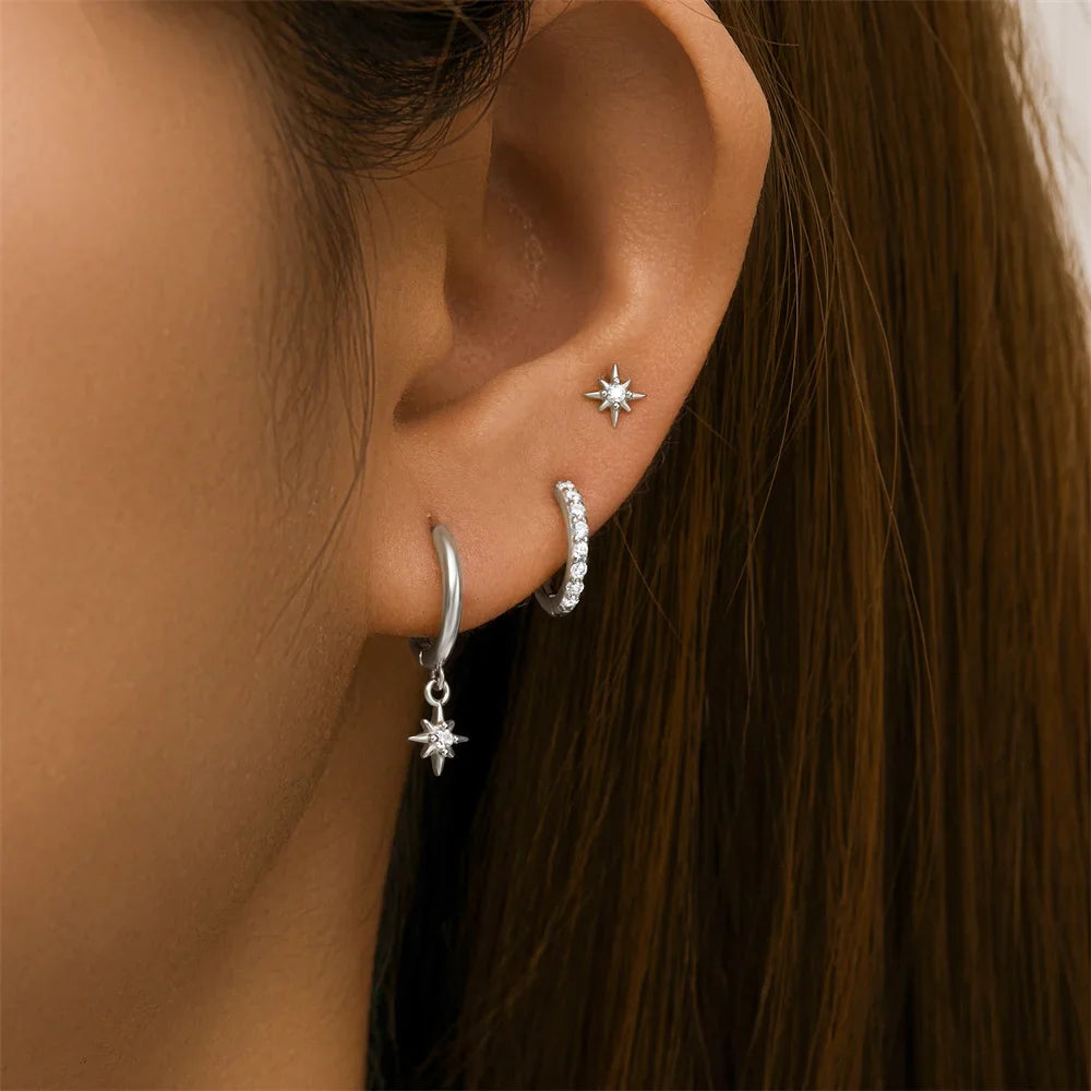 AIDE 925 Sterling Silver 3pcs 4pcs Set Zircon Stud Earrings 18k Gold Star Minimalism Huggies Earring Fine Jewelly Set Party Gift