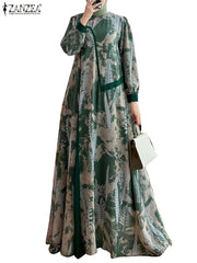 Women Floral Printed Muslim Dress Ramadan Maxi Sundress Elegant Abaya