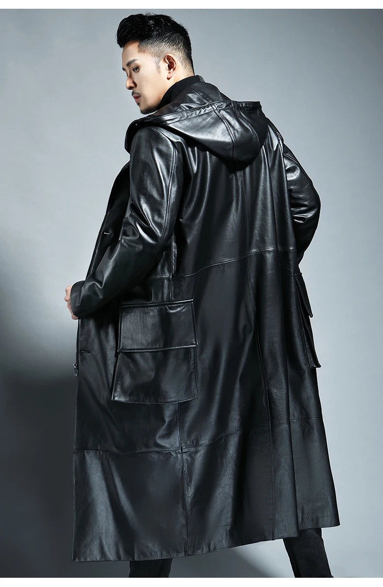 Long Black Loose Waterproof Windproof Soft Pu Leather Trench Coats