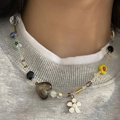 Flower Heart Beaded Necklace Women Boho Crystal Class Gravel Clavicle