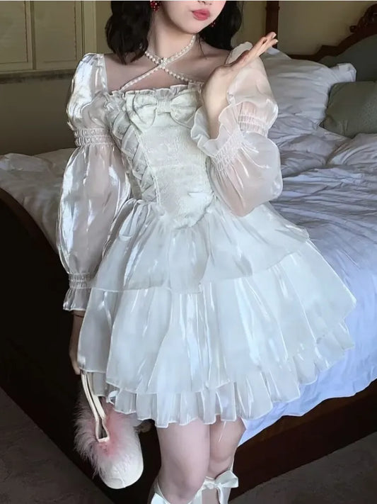Formal attire Dresses: Sweet Fairy Lolita Dress Women White Mesh Elegant Princess