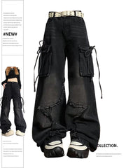 Women's Black Gothic Baggy Cargo Jeans with Star Harajuku Y2k 90s Clothes