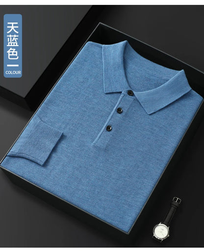 Spring Autumn Men Shirt  Merino Worsted Wool Knitted Pullover Long Sleeve Polo-Collar Clothing Tops Smart Casual Thin Outerwears
