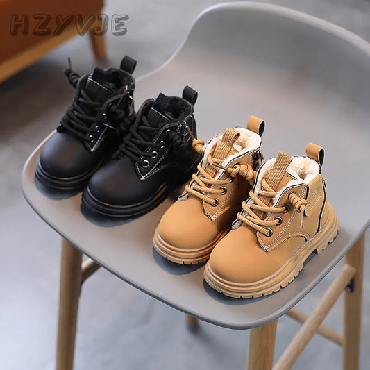 Children's Fashion Boots Winter Thickened Boys Girls' Anti Slip Warm Leather Boots Side Zipper Solid Color Kids Casual Shoes