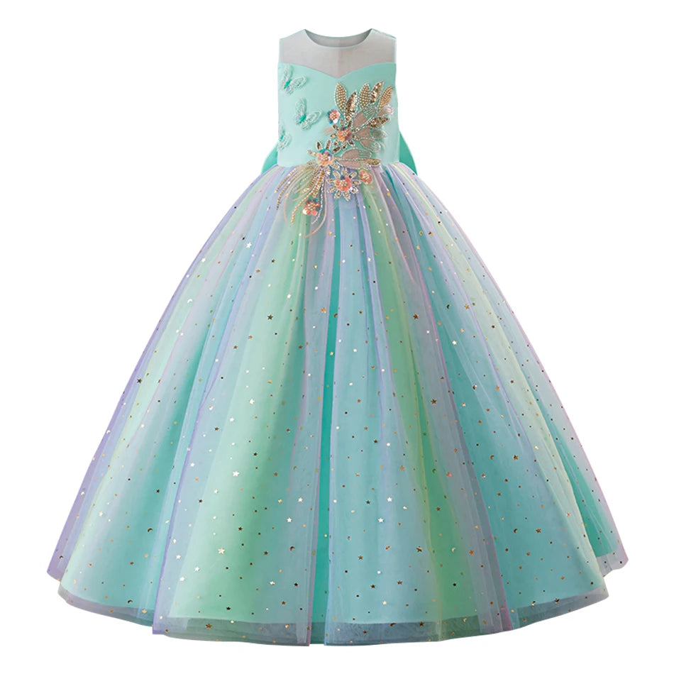 Elegant Kids Sleeveless Tulle Ball Gown Stage Performances Weddings Christmas Girls Dresses Girls Princess Party Dresses