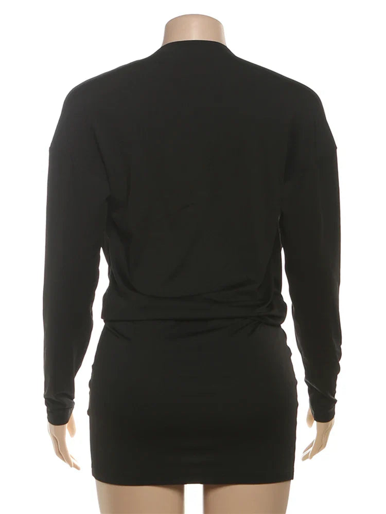 Nibber Cross Deep V-Neck Dress Women Full Sleeve Stretch Solid Midnight Street Clubwear Party Autumn Trend Elegant Mini Bodycon