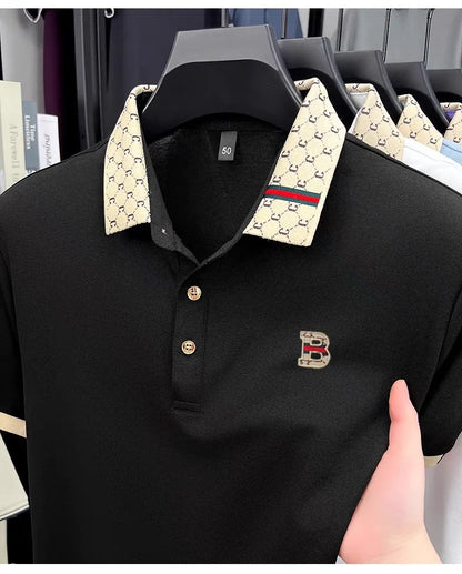 Luxury brand B letter embossed short sleeve polo shirt men summer lightweight breathable new fashion color blocked lapel T-shirt