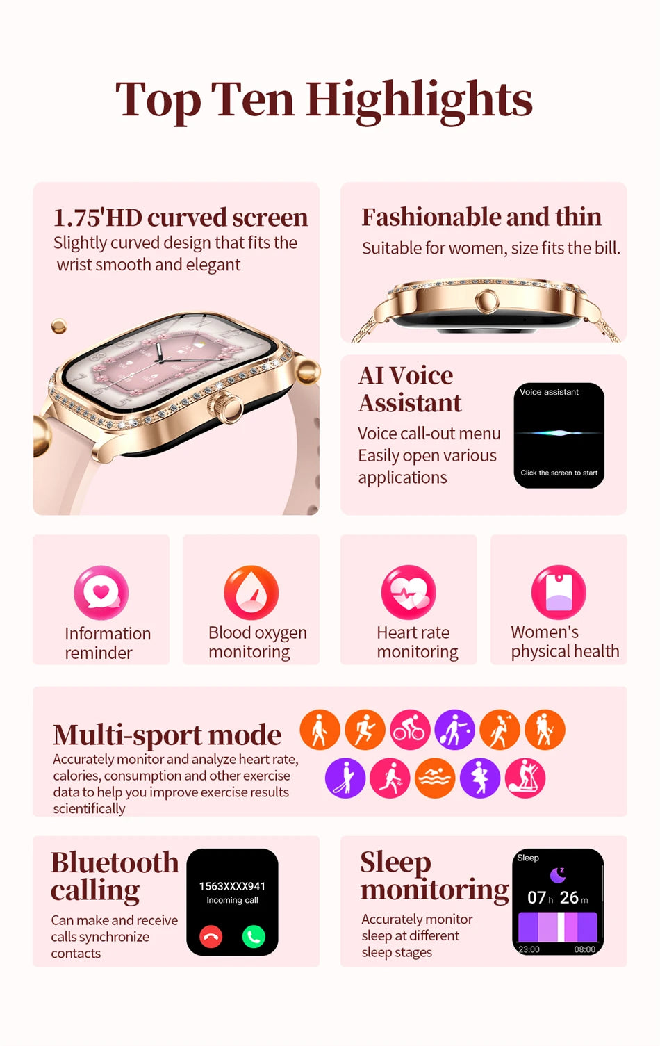 New Luxury Smart Watch Women 1.75" HD Display Heart Rate Sport Fitness IP68 Waterproof Bluetooth Call Smartwatch For Lady Gift