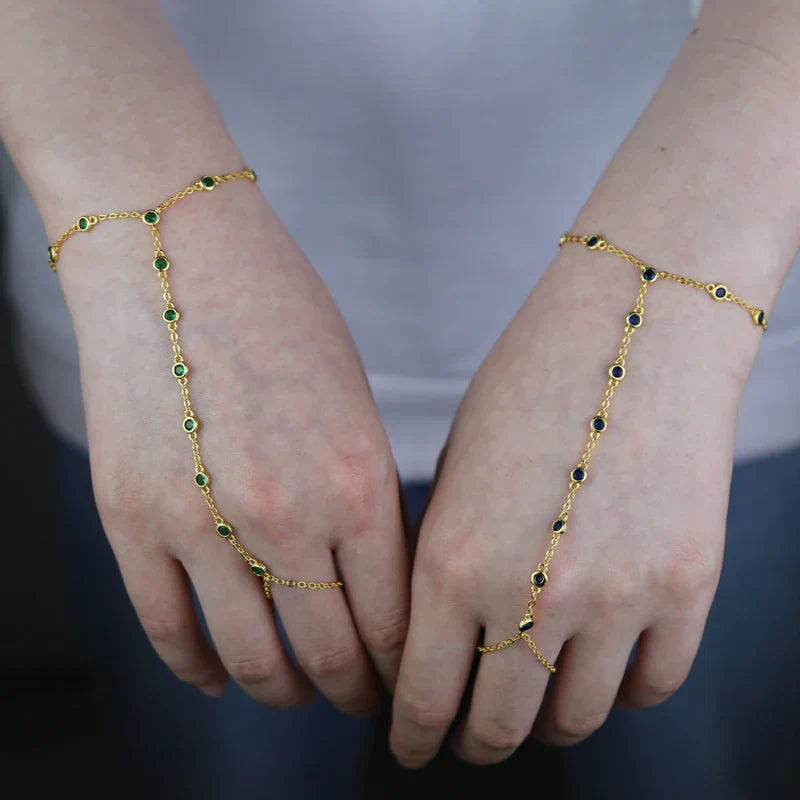 2023 Summer Jewelry Pendant Link Chain Ring Bracelet for Women White Green Blue Stone CZ Gold Plated Adjust Bracelet Accessories