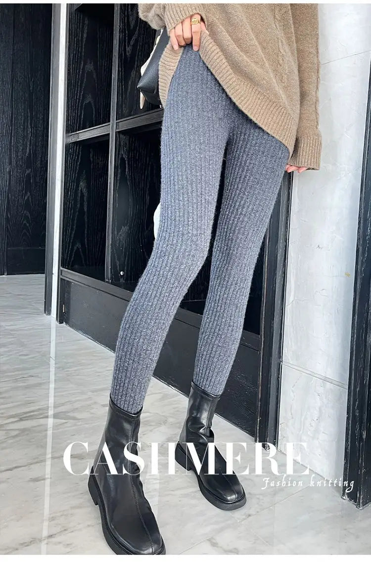 Slim Leggings Autumn Women High Waist Casual Trousers Knitted Ribbed Thicken Solid