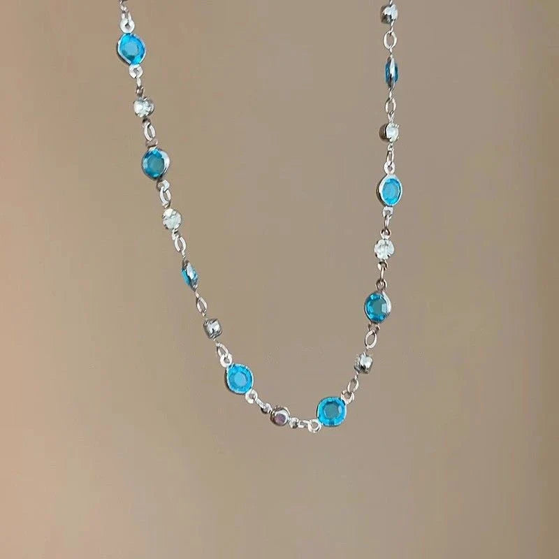 LATS Romantic Blue Crystal Butterfly Necklace for Women Girls Simple Shiny Zircon Bilayer Choker Clavicle Chain New Fine Jewelry