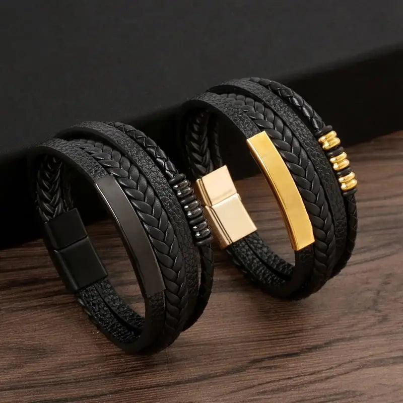 Punk Men Leather Bracelet with Stainless Steel Magnetic Clasp Braided Mutilayer Leather Wrapping Bangles Man Jewelry Gift