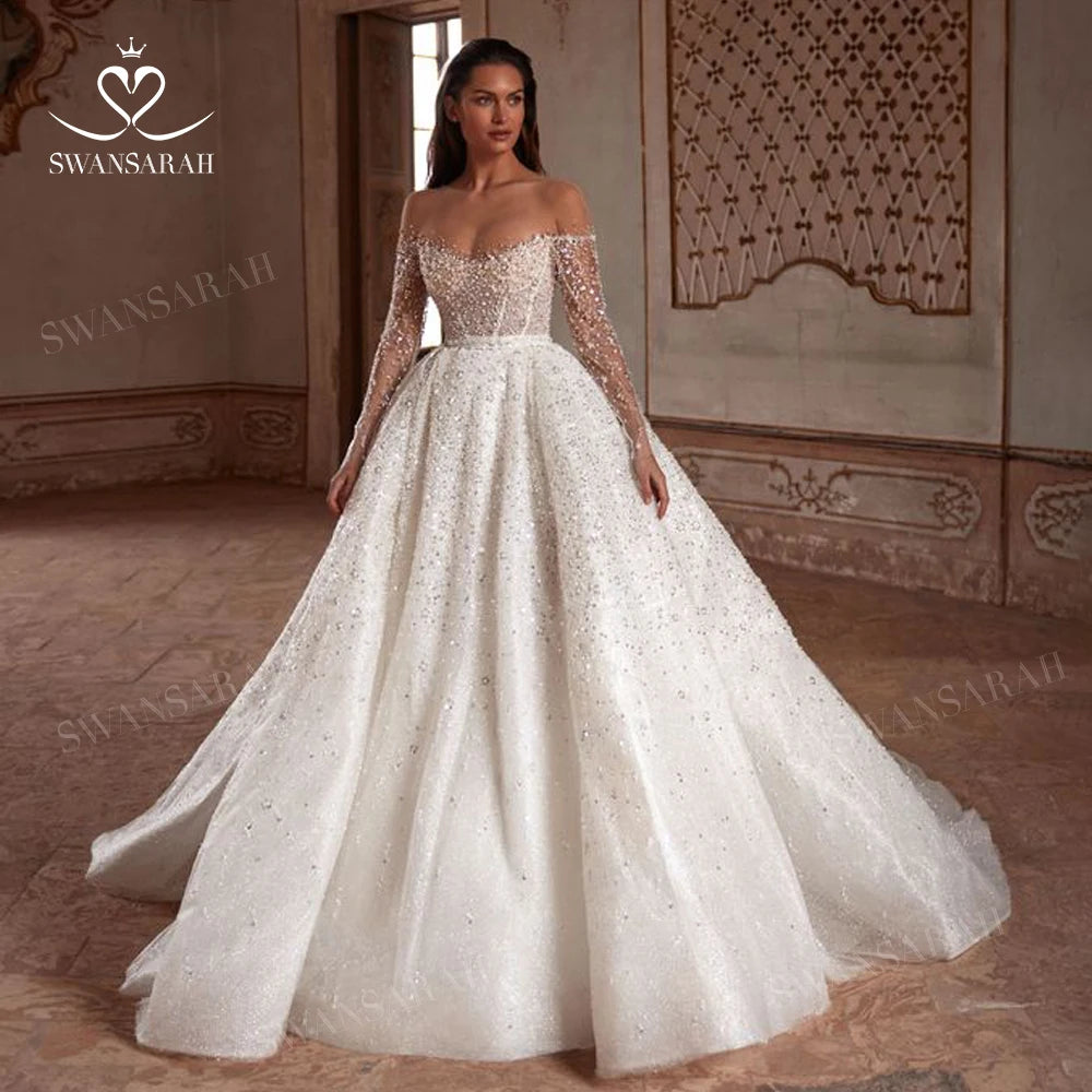 White Bridesmaid Dresses: Wedding Dress Long Sleeve Beading Chapel Train Princess