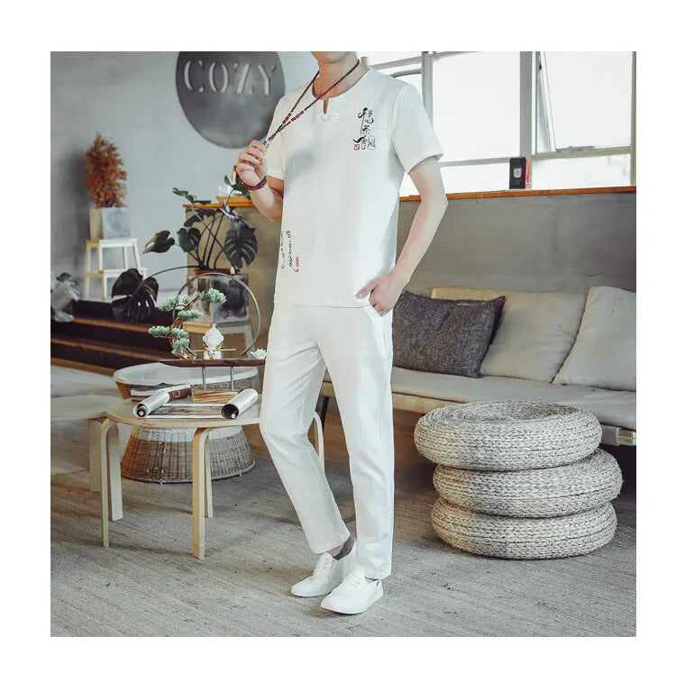 (Shirt + trousers) 2025 summer Chinese Style men shirt Cotton and linen shirts men's High quality casual shirts Two Piece M-5XL